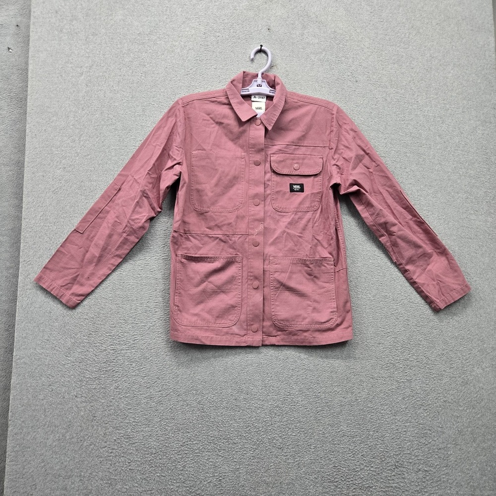 Vans Women Jacket XS Pink Canvas Utility Button Logo Pockets Skater Grunge Y2K